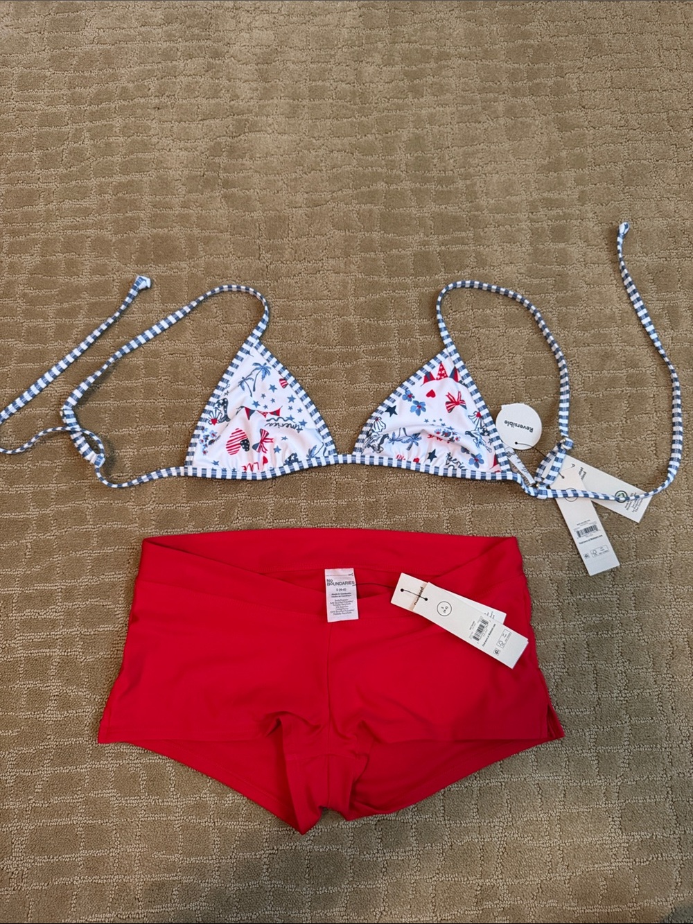 No Boundaries White Floral Triangle Bikini Top & Red Swim Shorts